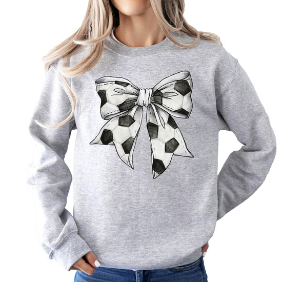 Gray soccer coquette bow sweatshirt with feminine bow design and soccer theme for women