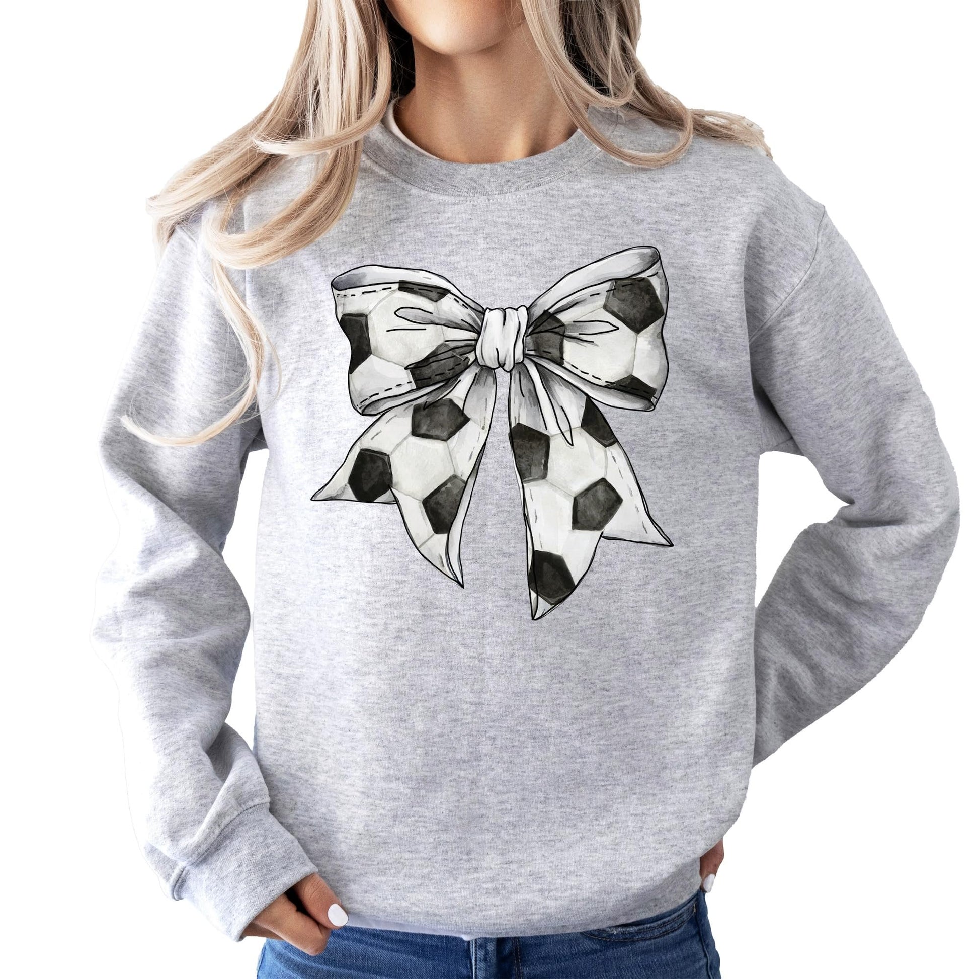 Gray soccer coquette bow sweatshirt with feminine bow design and soccer theme for women