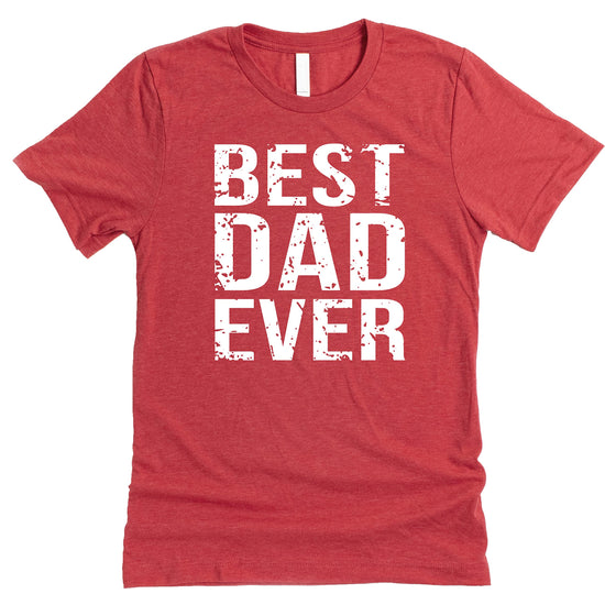 Close-up of Best Dad Ever distressed print design on men's graphic tee by Olive Loves Apple