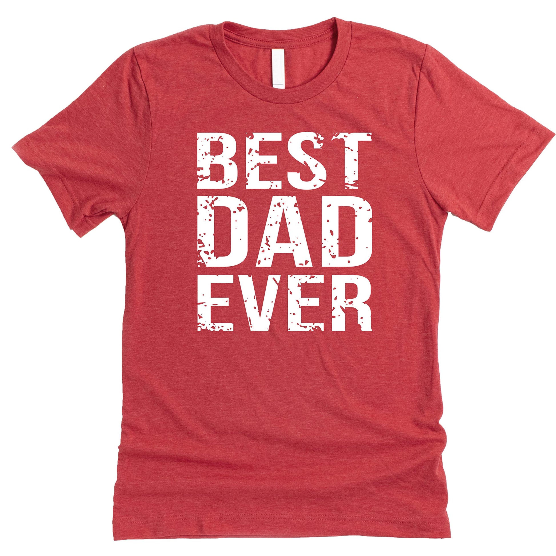 Close-up of Best Dad Ever distressed print design on men's graphic tee by Olive Loves Apple