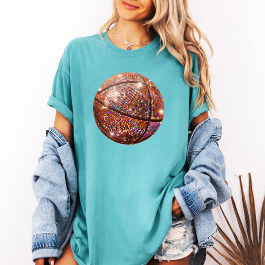 Faux Glitter Basketball Shirt for Women and Teens Girly Game Day Bball Tee