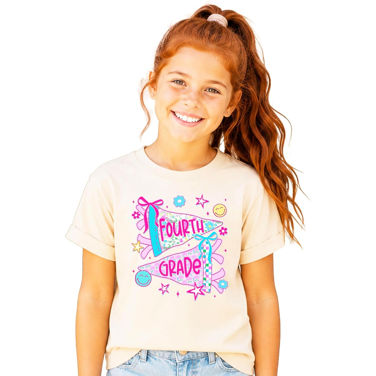 Young girl wearing fourth grade floral pennant shirt styled as a first day of school outfit