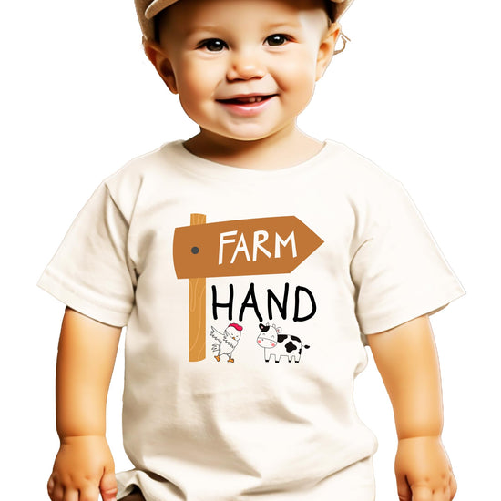 Kids natural tee with funny farm hand graphic featuring a sassy chicken and cute cow on a wooden sign
