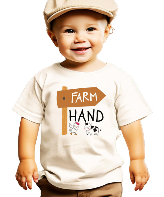 Kids natural tee with funny farm hand graphic featuring a sassy chicken and cute cow on a wooden sign