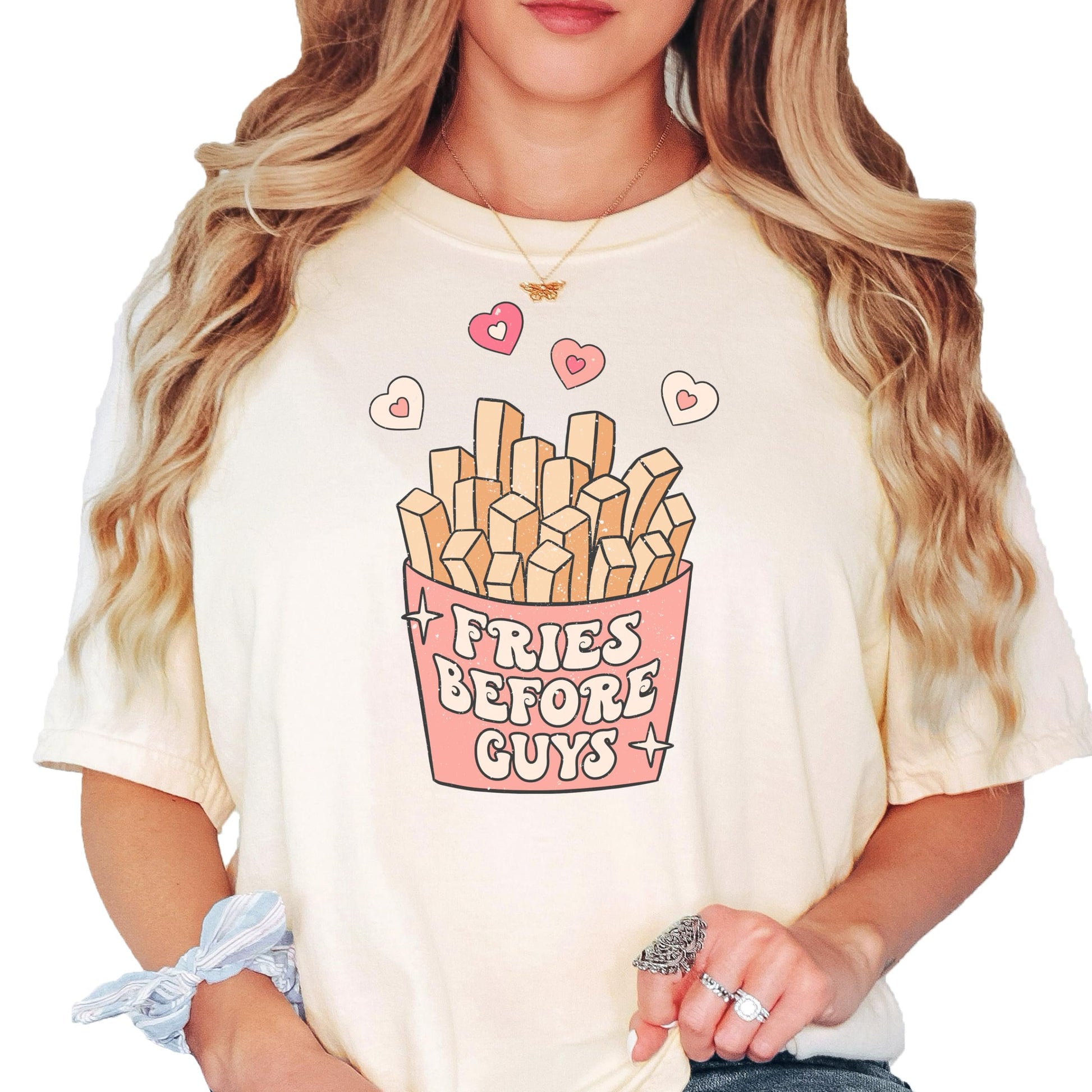 Fries Before Guys funny natural graphic tee for Galentine's Day by Olive Loves Apple
