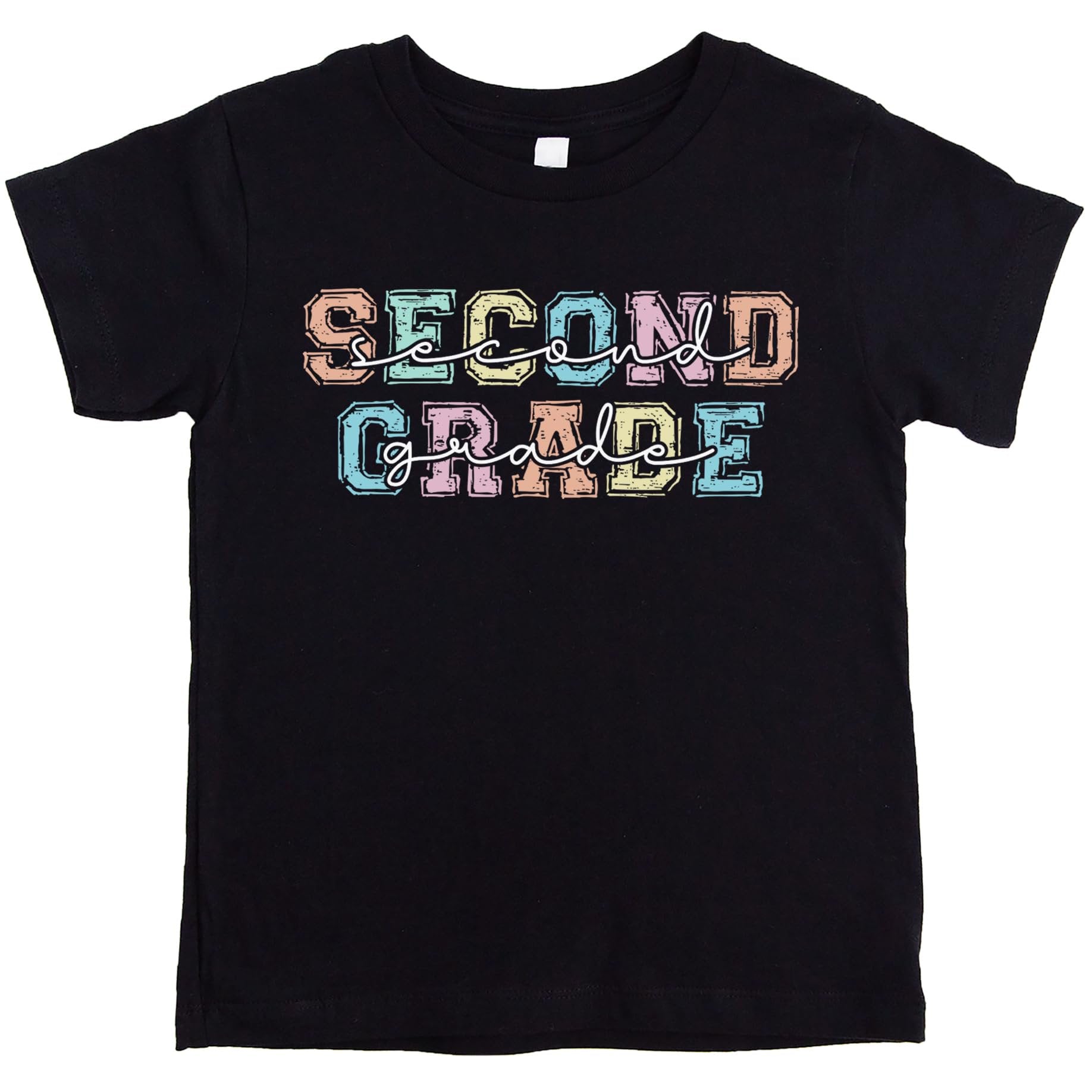 Second grade kids tee shirt displayed flat showing full colorful text design