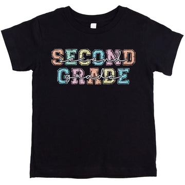 Second grade kids tee shirt displayed flat showing full colorful text design