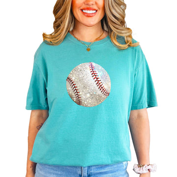 Women's oversized seafoam glitter baseball graphic tee front view