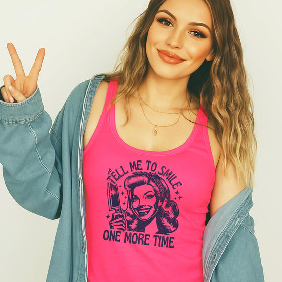 Back view of Tell Me to Smile women's tank top showing garment construction