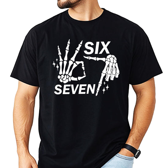 Six seven skeleton hand graphic tee modeled on person showing fit and design placement