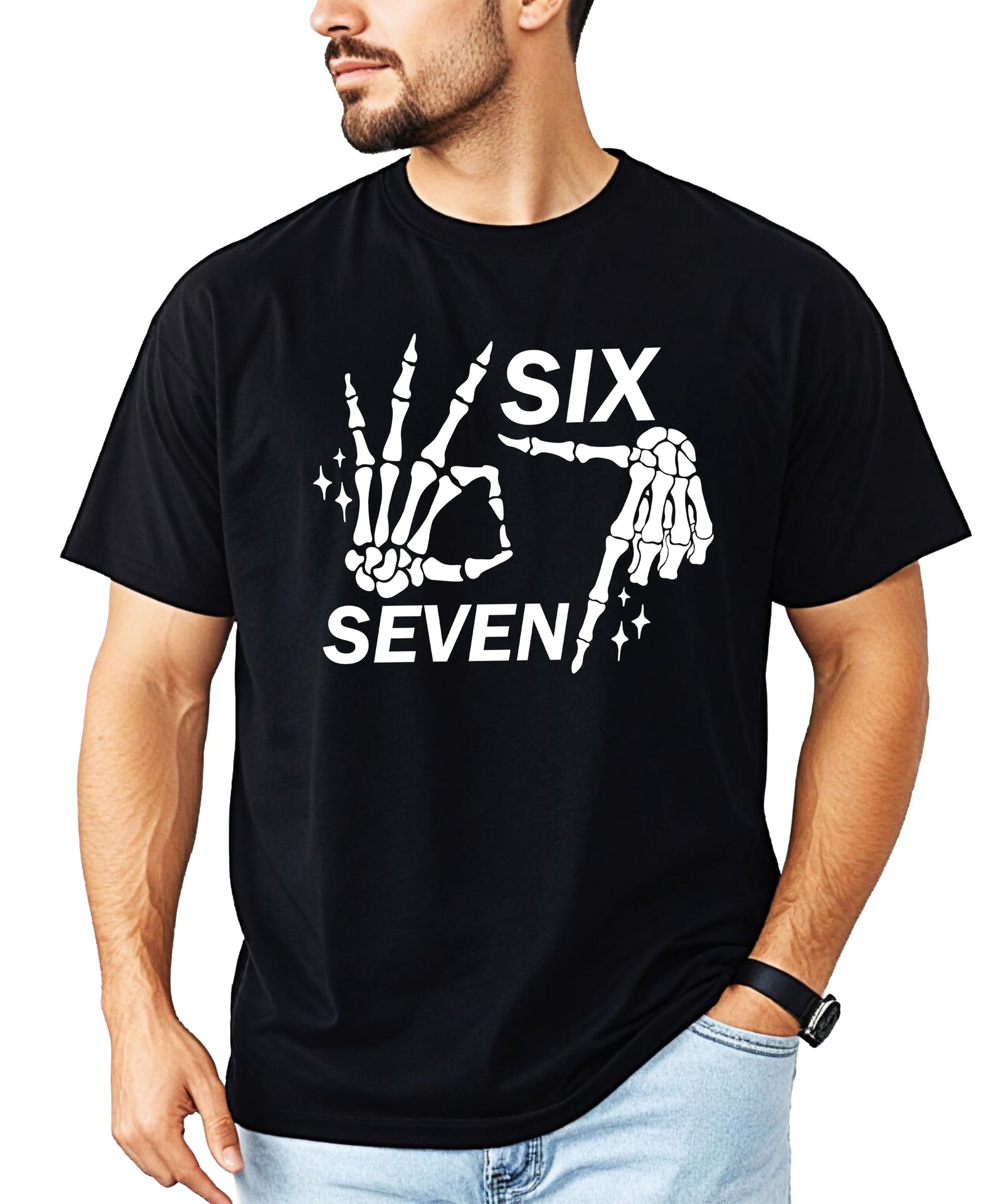 Six seven skeleton hand graphic tee modeled on person showing fit and design placement
