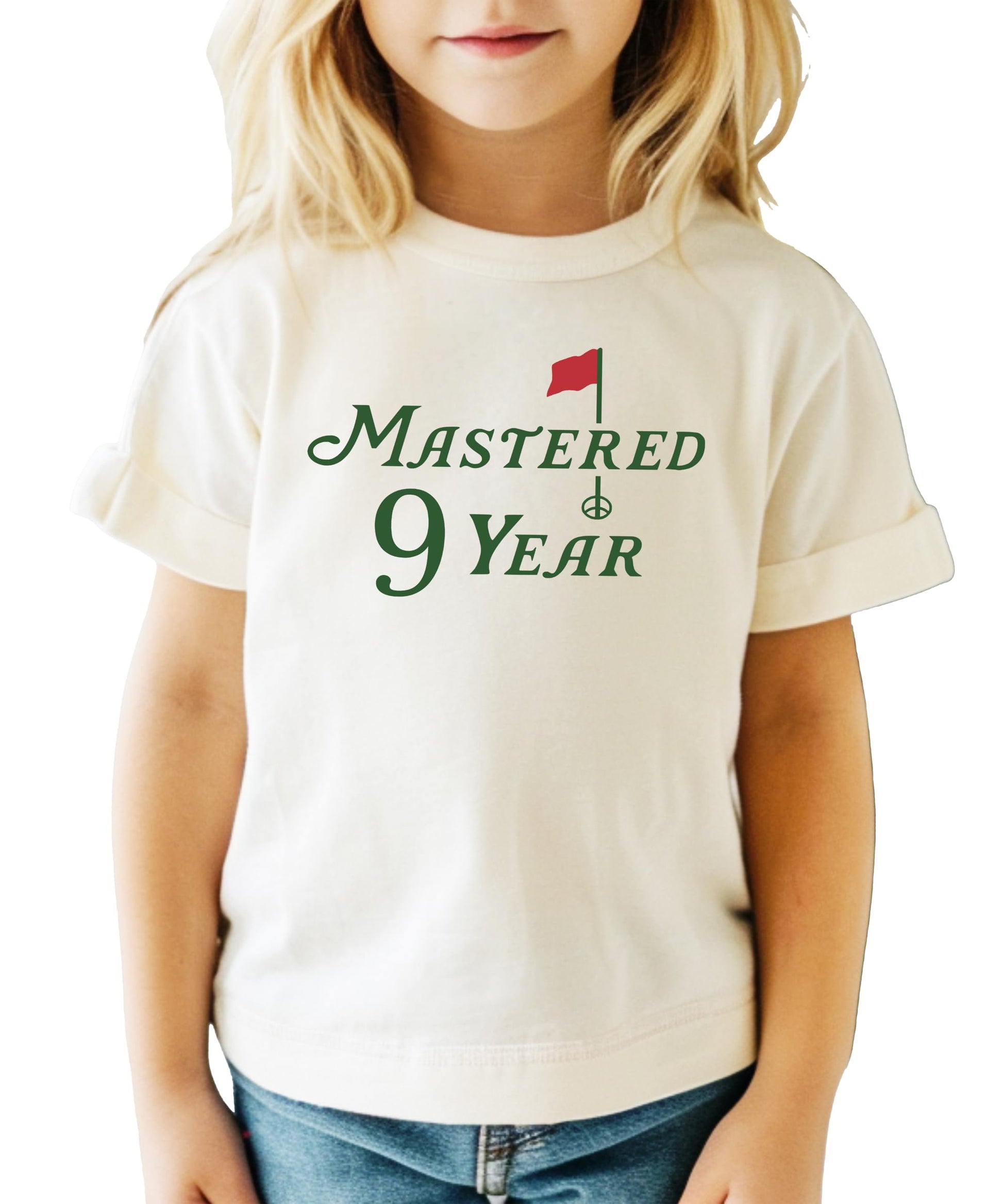 Front view of golf-themed birthday shirt for boys and girls in natural color