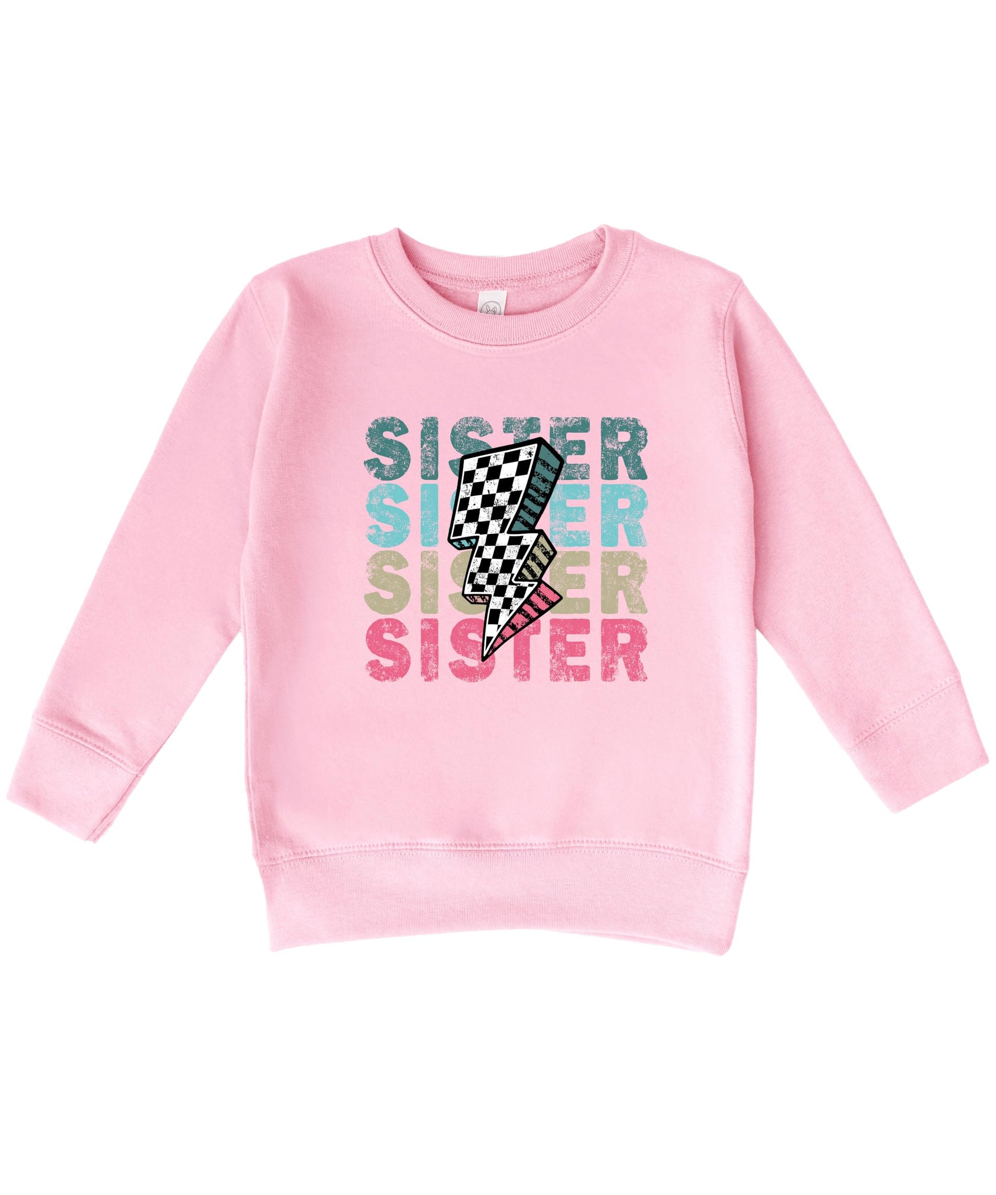 Flat lay of colorful SISTER toddler sweatshirt showing full print design and pink fabric