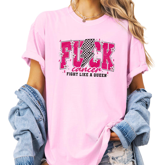 Detail shot of Fight Like a Queen text and crown graphic with pink ribbon awareness symbol