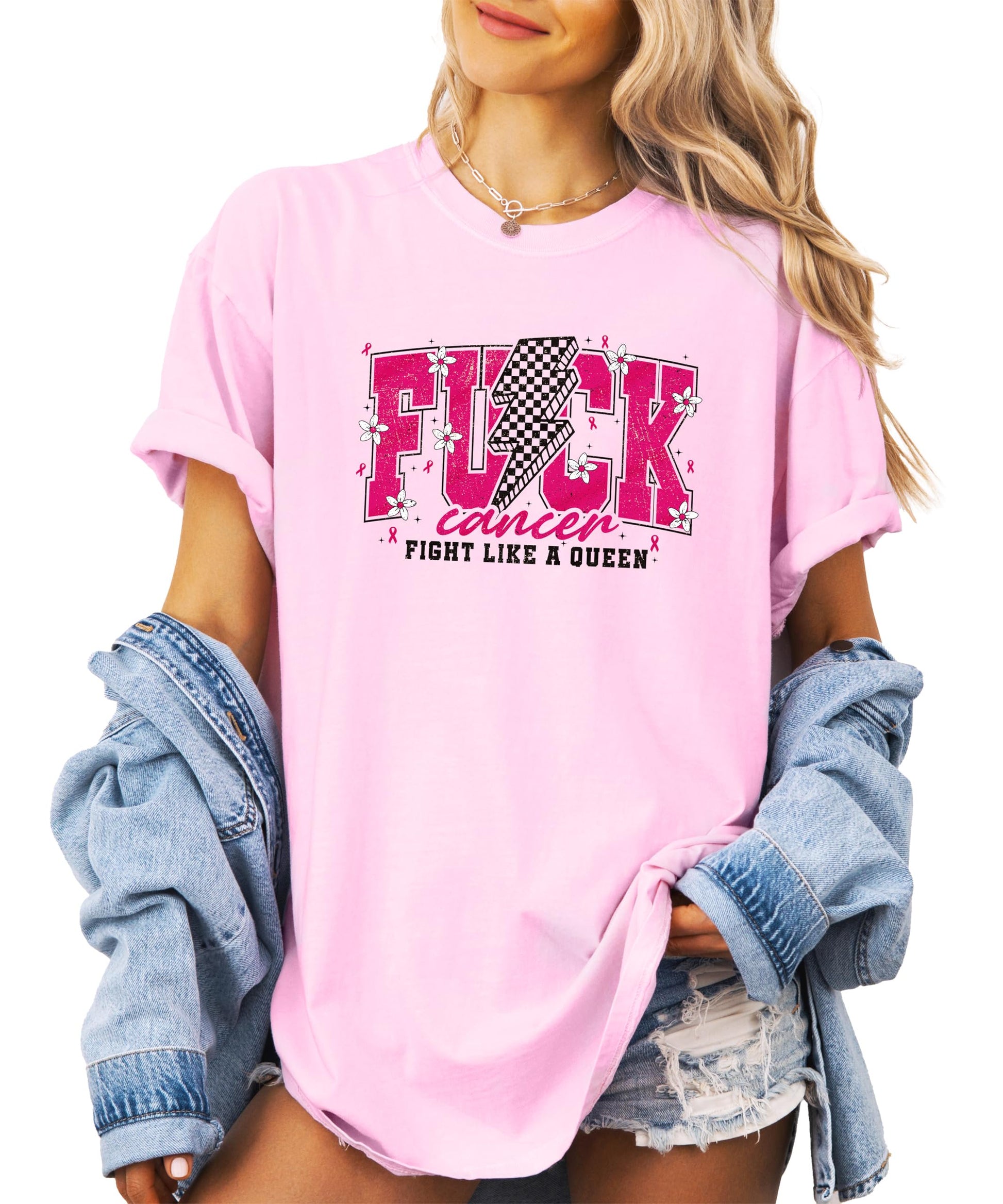 Detail shot of Fight Like a Queen text and crown graphic with pink ribbon awareness symbol