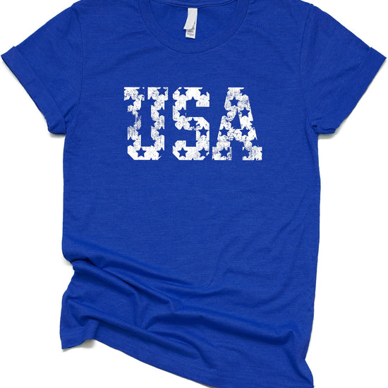 Close-up of vintage USA patriotic shirt showing distressed stars and text detail