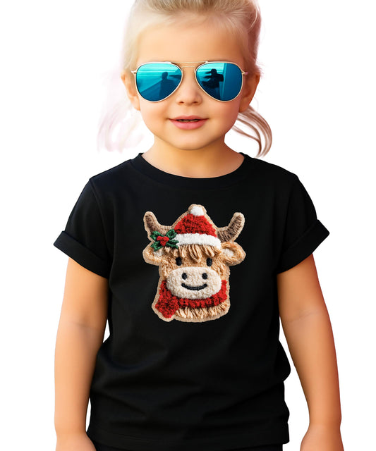 Kids vintage red Christmas tee with ink-printed faux yarn cow wearing a Santa hat and scarf