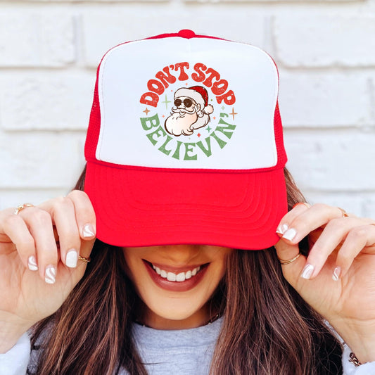 Don't Stop Believin' Santa Trucker Hat for Men and Women Christmas Snapback