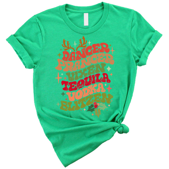 Funny Christmas reindeer names shirt detail view of print quality on natural tee
