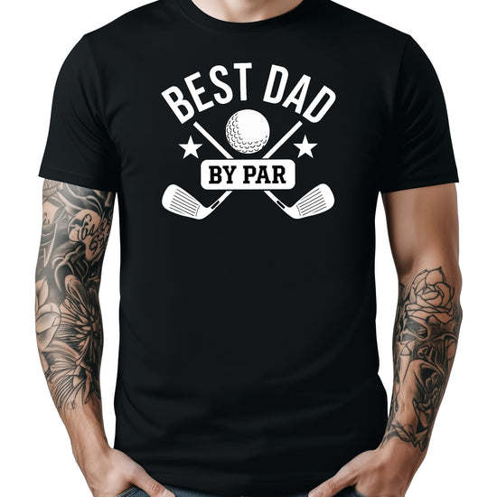 Close-up of Best Kid By Par golf graphic print with clubs and stars on kids tee