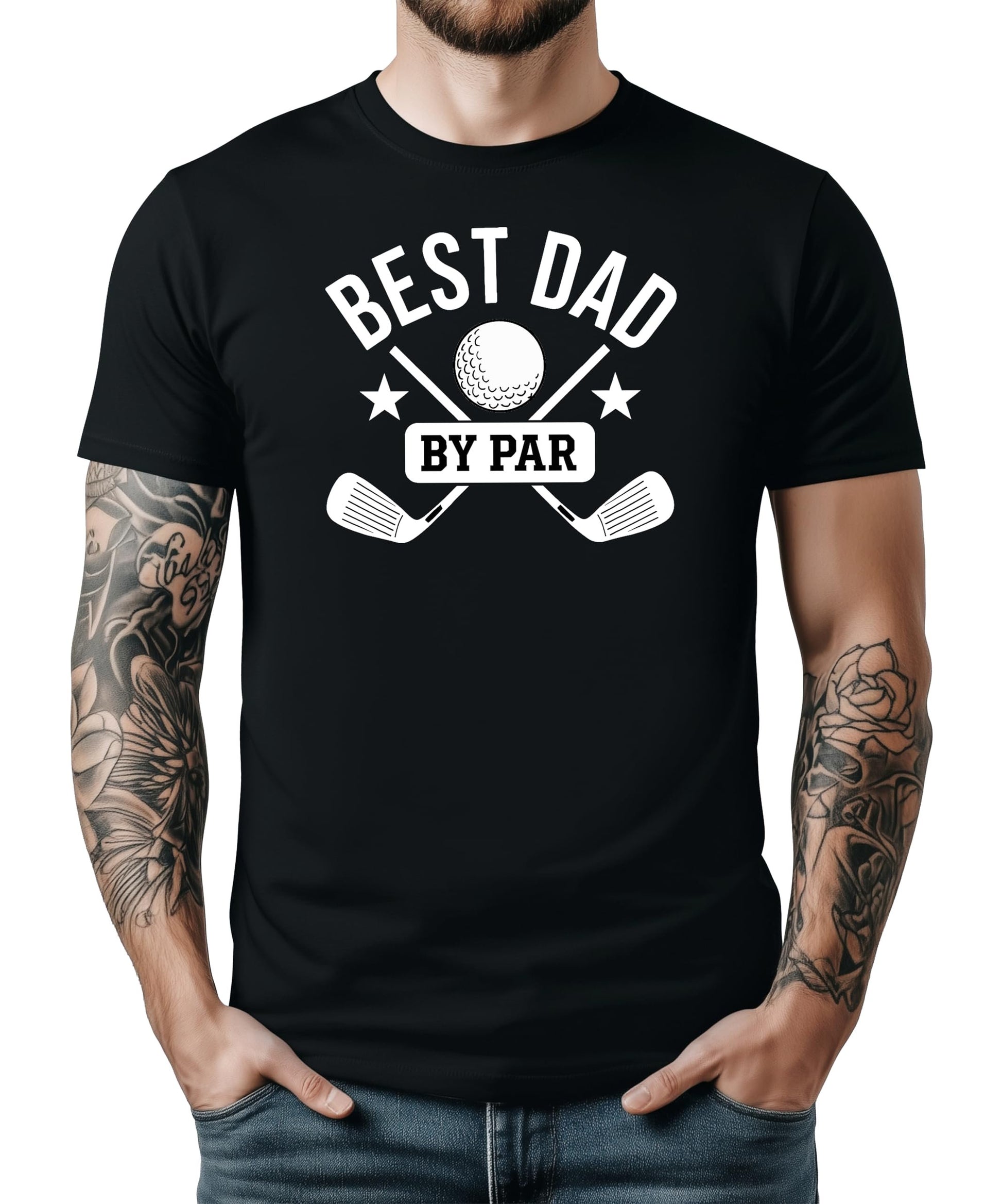 Close-up of Best Kid By Par golf graphic print with clubs and stars on kids tee
