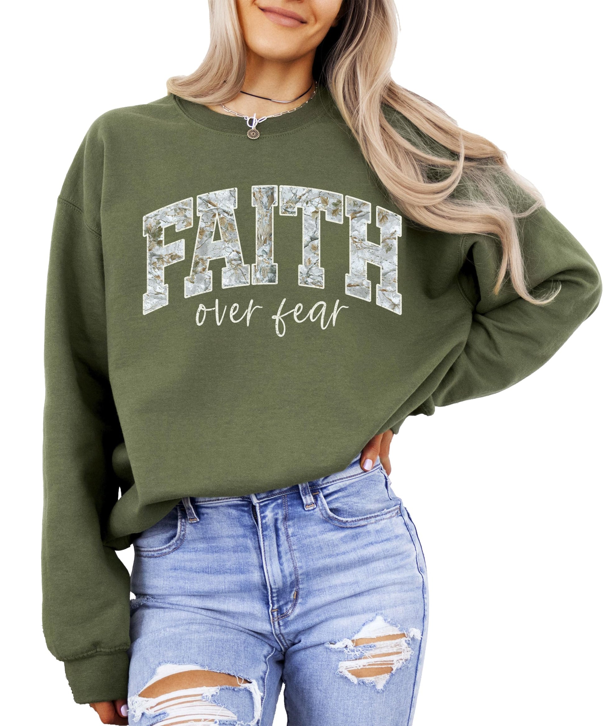 Flat lay of army green Faith Over Fear inspirational graphic pullover sweatshirt