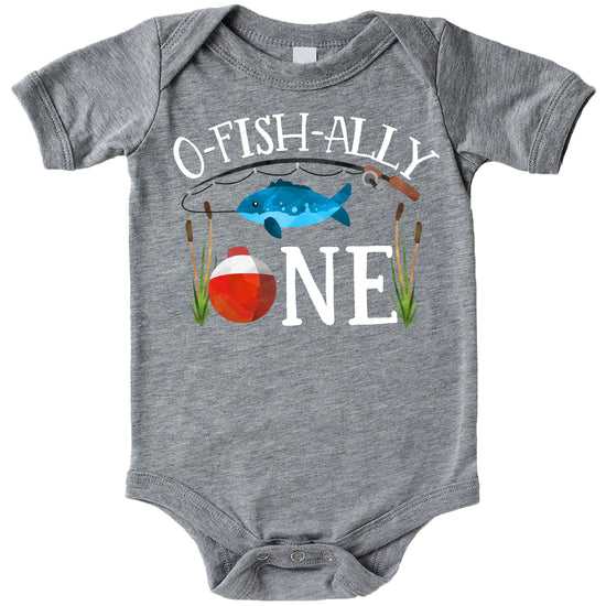 Full view of fishing themed 1st birthday bodysuit in granite heather color