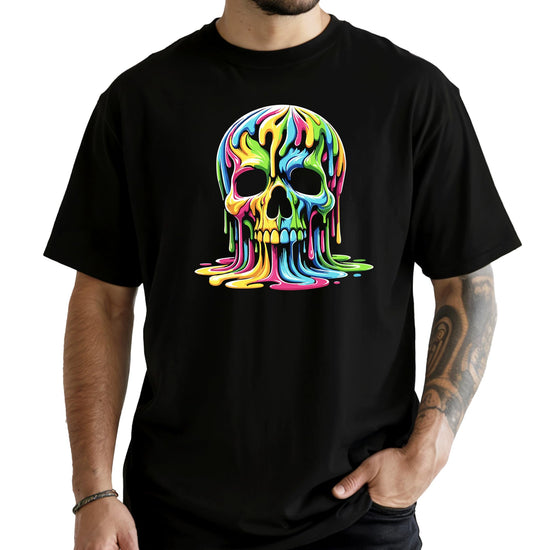 Men's black graphic tee featuring a colorful neon melting skull with dripping skeleton design