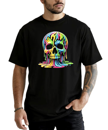 Men's black graphic tee featuring a colorful neon melting skull with dripping skeleton design