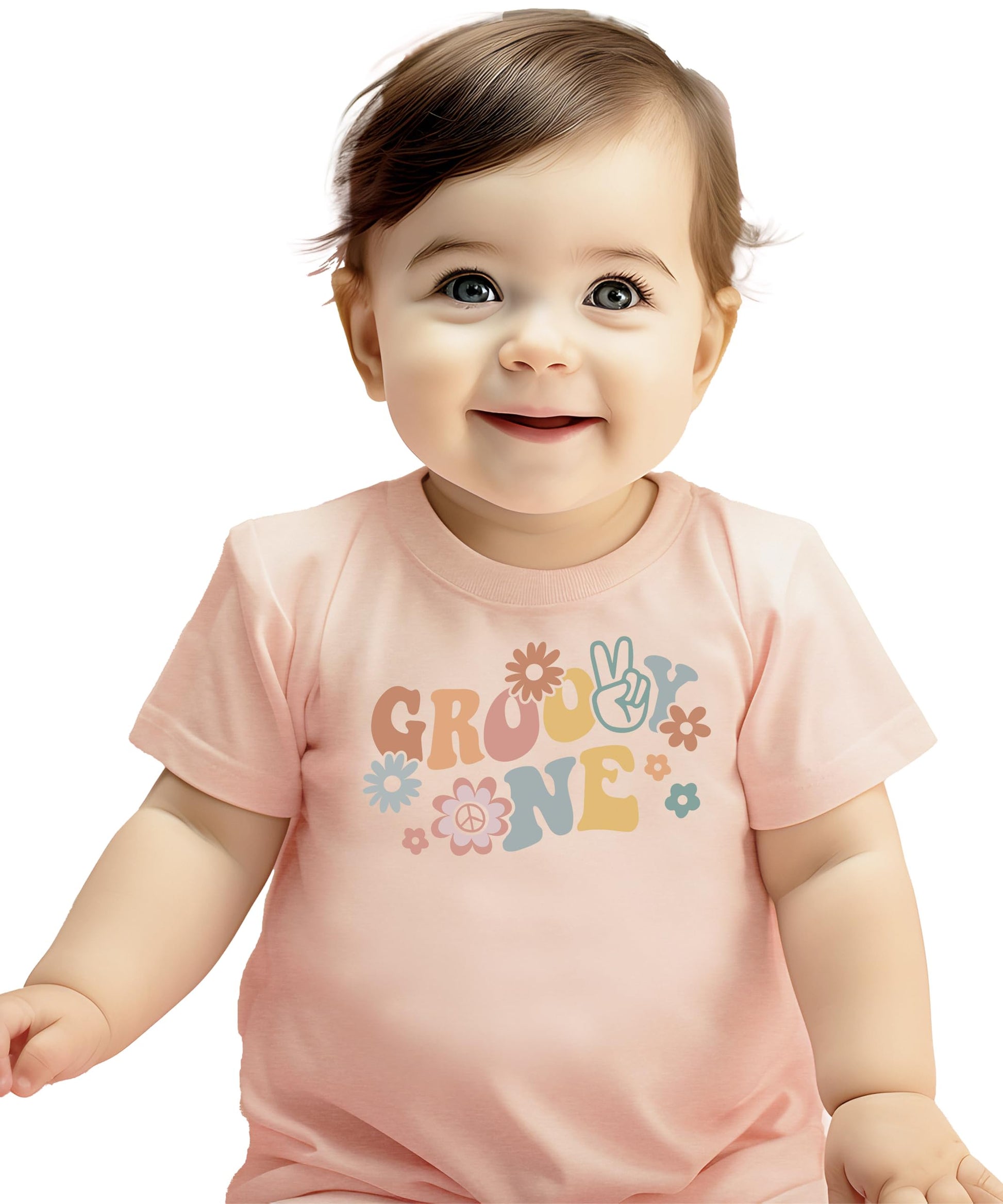 Detail shot of vibrant groovy daisy graphic on girls first birthday shirt