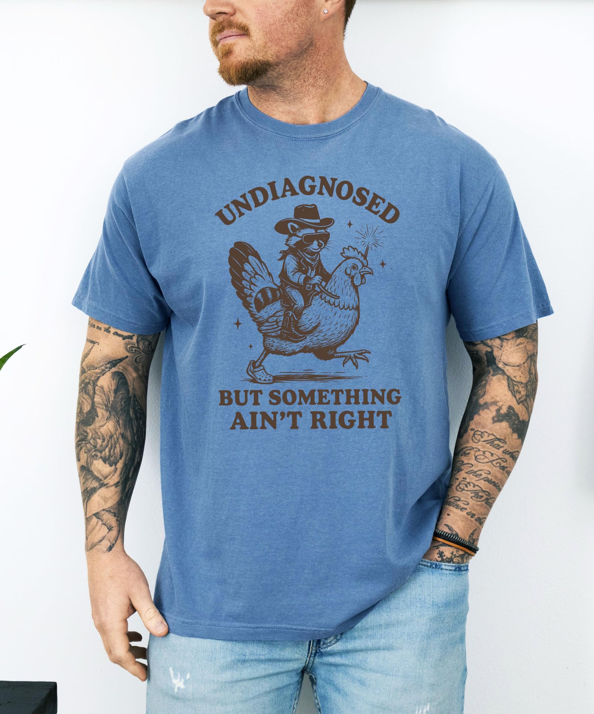 Full front view of undiagnosed raccoon graphic tee in blue jean wash color