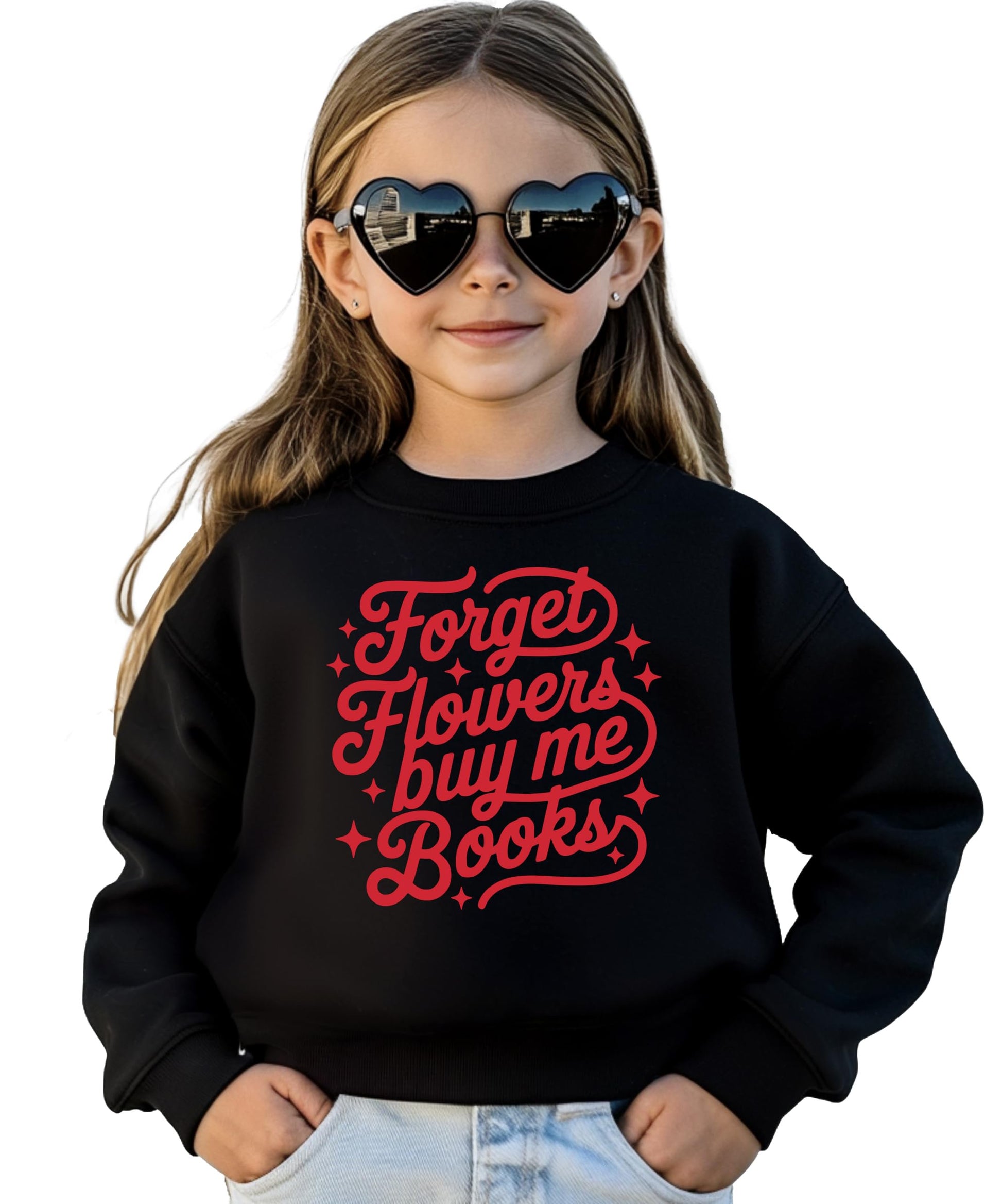 Front view of Forget Flowers Buy Me Books white graphic sweatshirt laid flat, Valentine's book lover tee