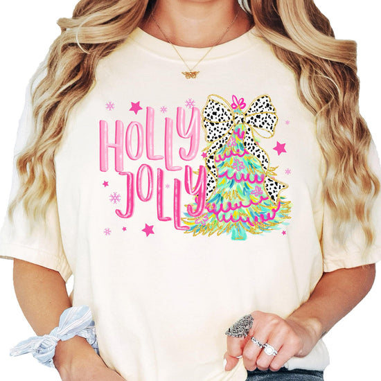 Front view of girly Holly Jolly Christmas graphic tee in seafoam green for women and teens