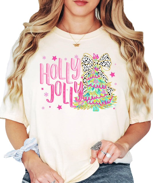 Front view of girly Holly Jolly Christmas graphic tee in seafoam green for women and teens