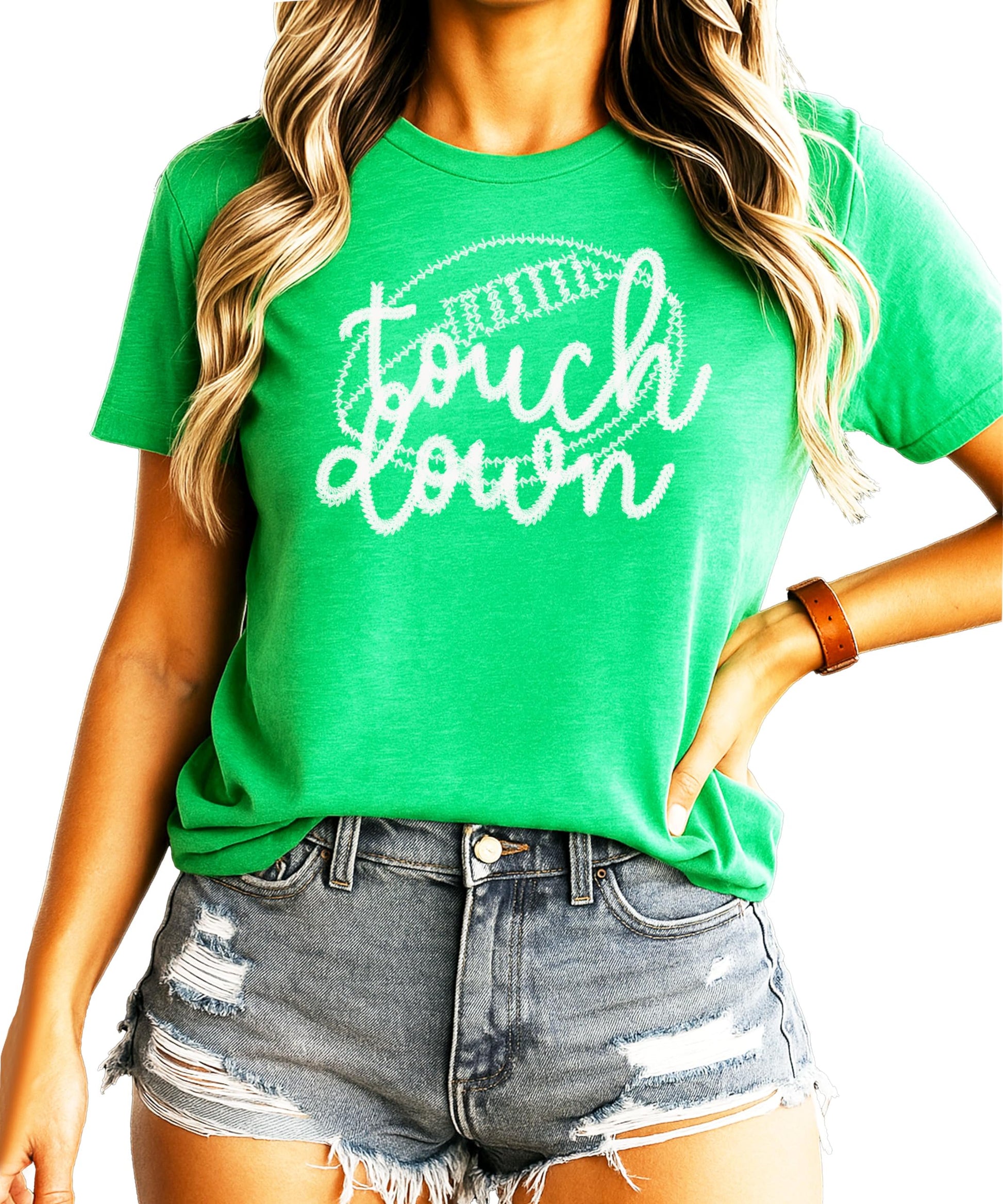 Detail view of vintage-style touchdown embroidery design on women's shirt
