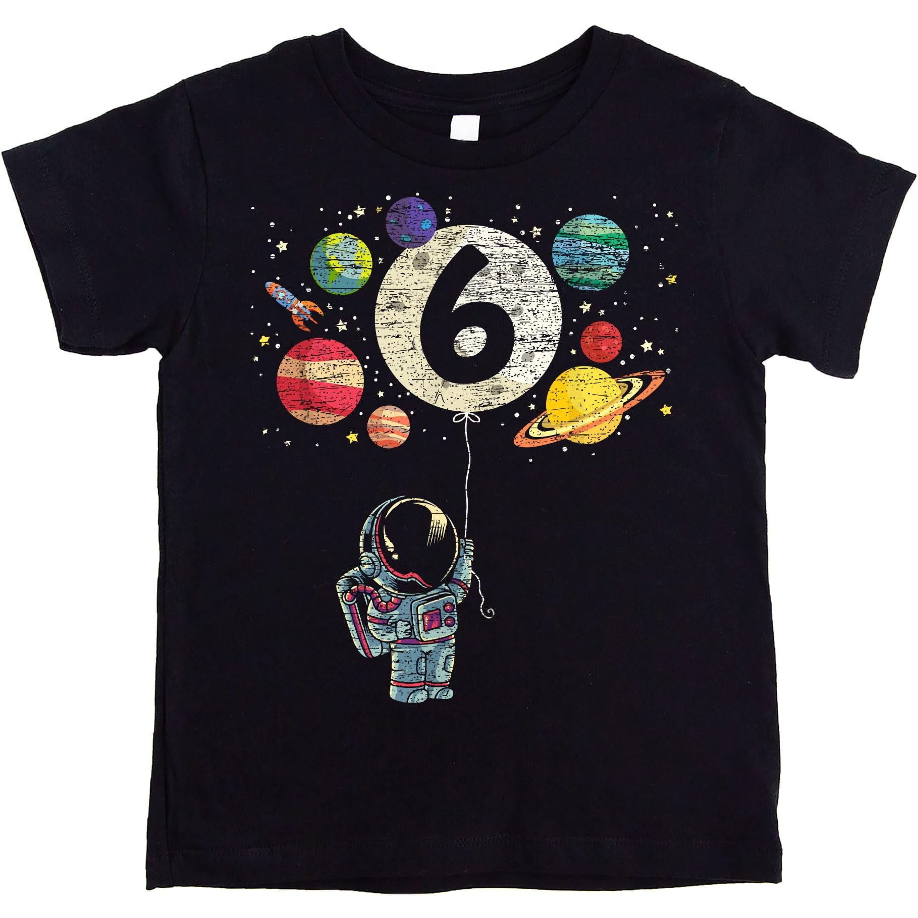 Kids 6th birthday astronaut rocket graphic tee with moon balloon and planets in vintage royal blue