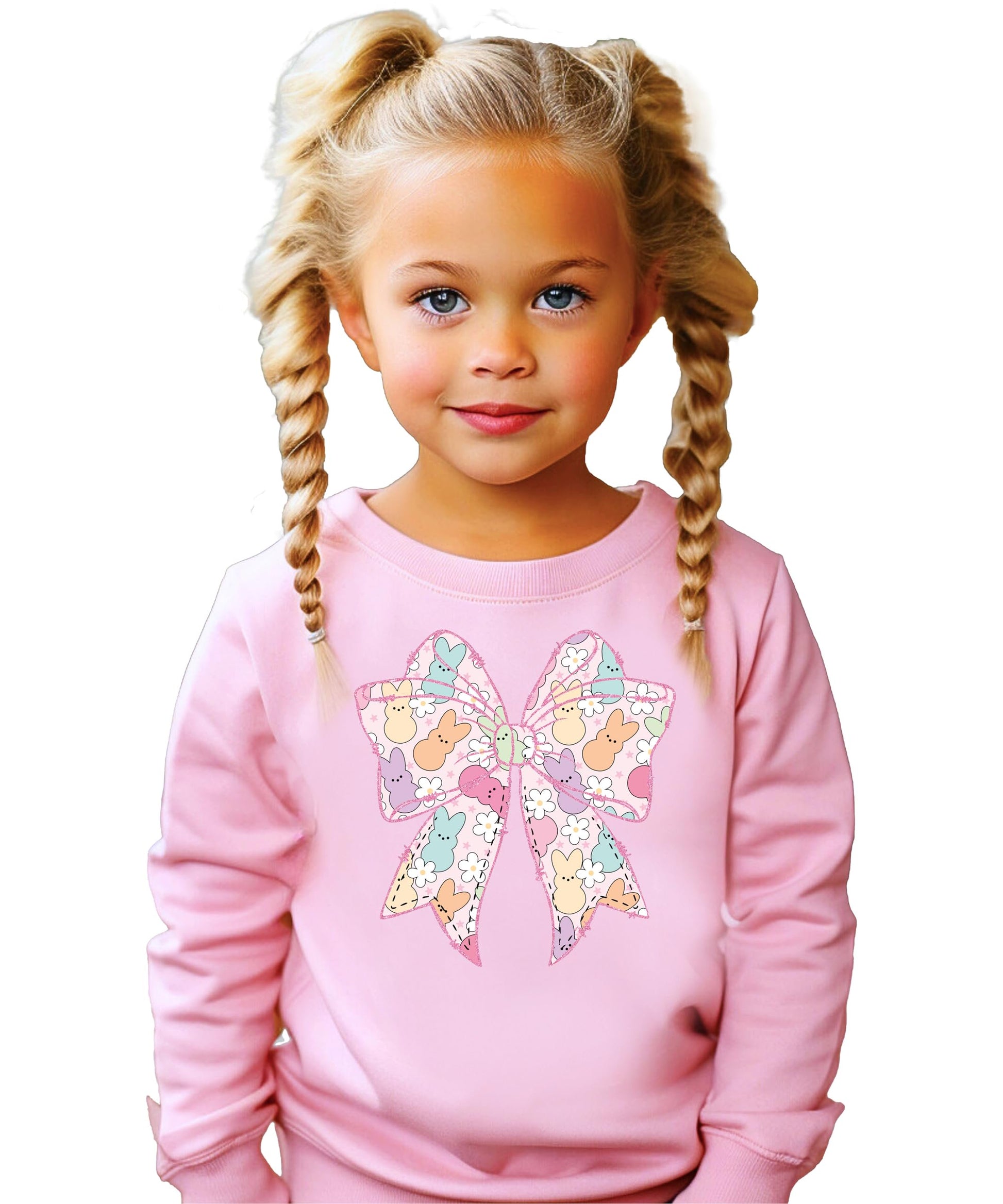 Close-up of Easter bow and bunny graphic print on girls pastel sweatshirt
