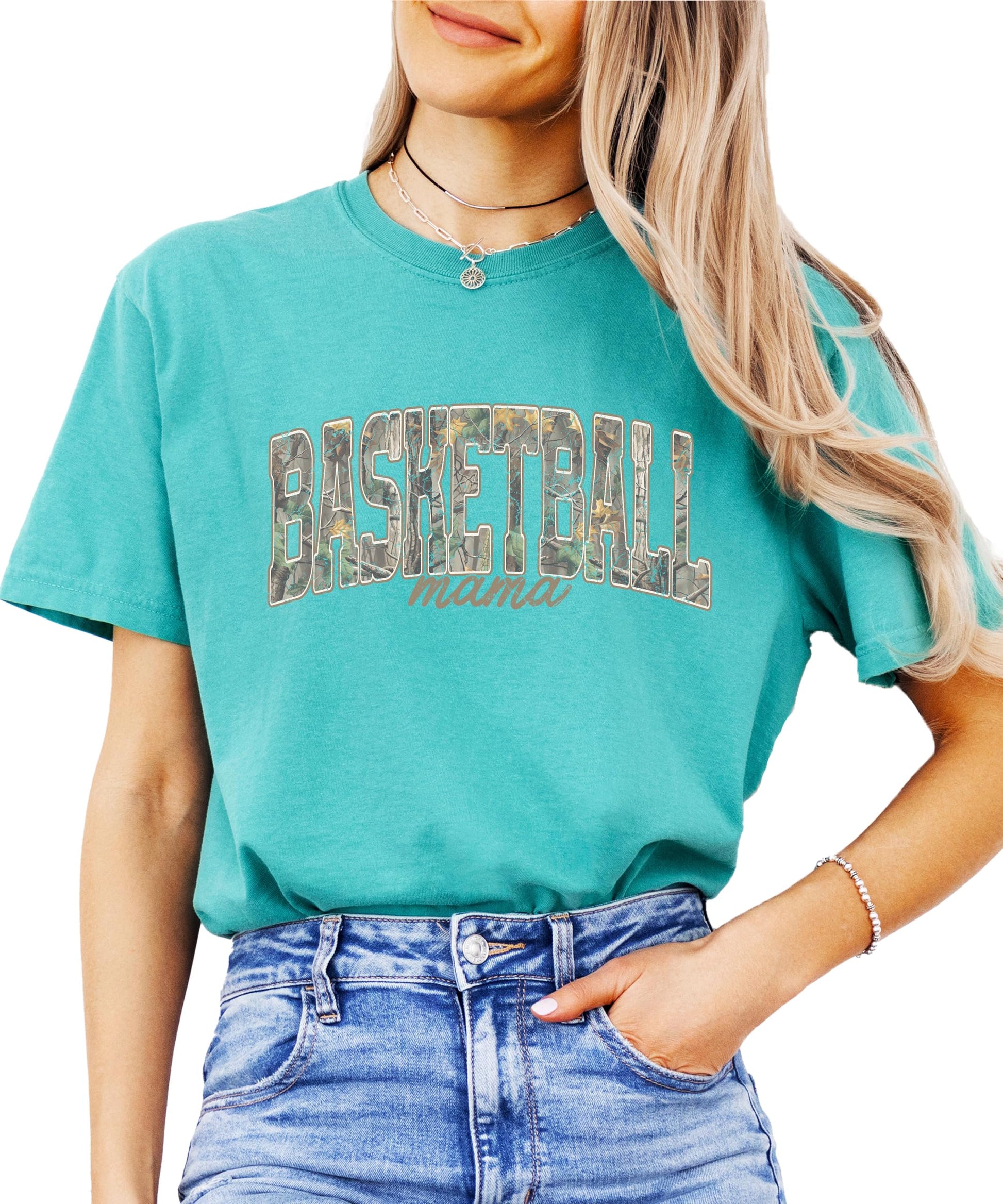 Close-up of distressed camo Basketball Mama print on adult graphic tee