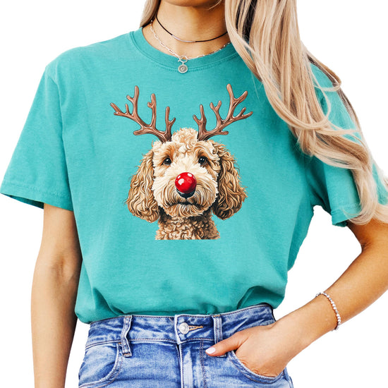 Unisex Goldendoodle Christmas reindeer graphic tee with doodle wearing antlers and red nose