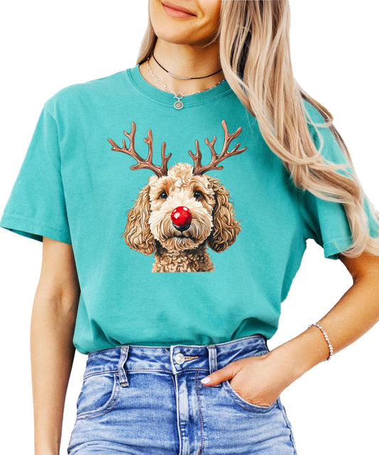 Unisex Goldendoodle Christmas reindeer graphic tee with doodle wearing antlers and red nose