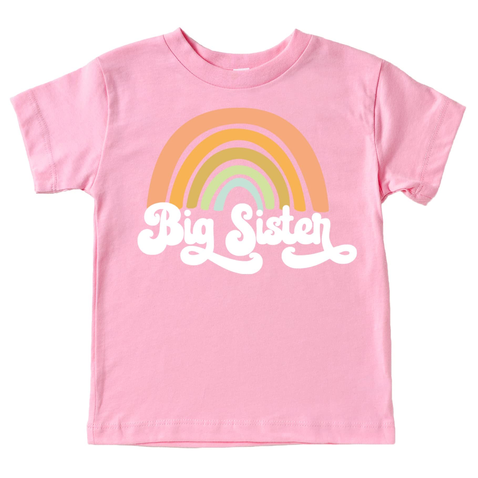 Close-up of vibrant retro rainbow graphic on Big Sister sibling announcement shirt for baby girls