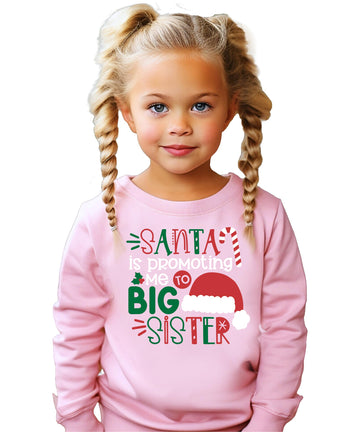 Youth girl modeling a festive Big Sister Santa Christmas sweatshirt in natural heather colorway