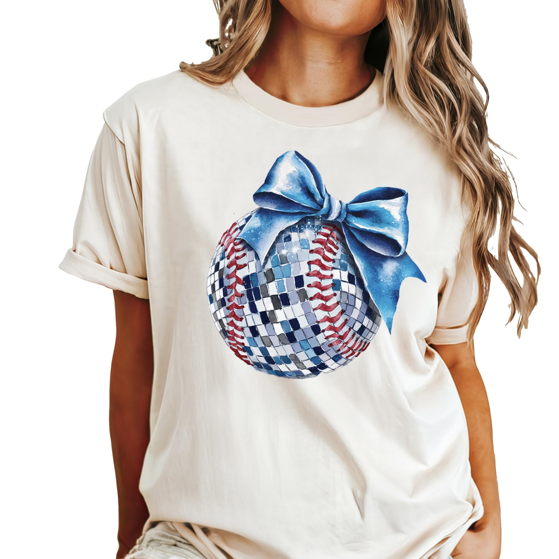 Close-up of disco softball and blue bow graphic print on soft oversized women's tee