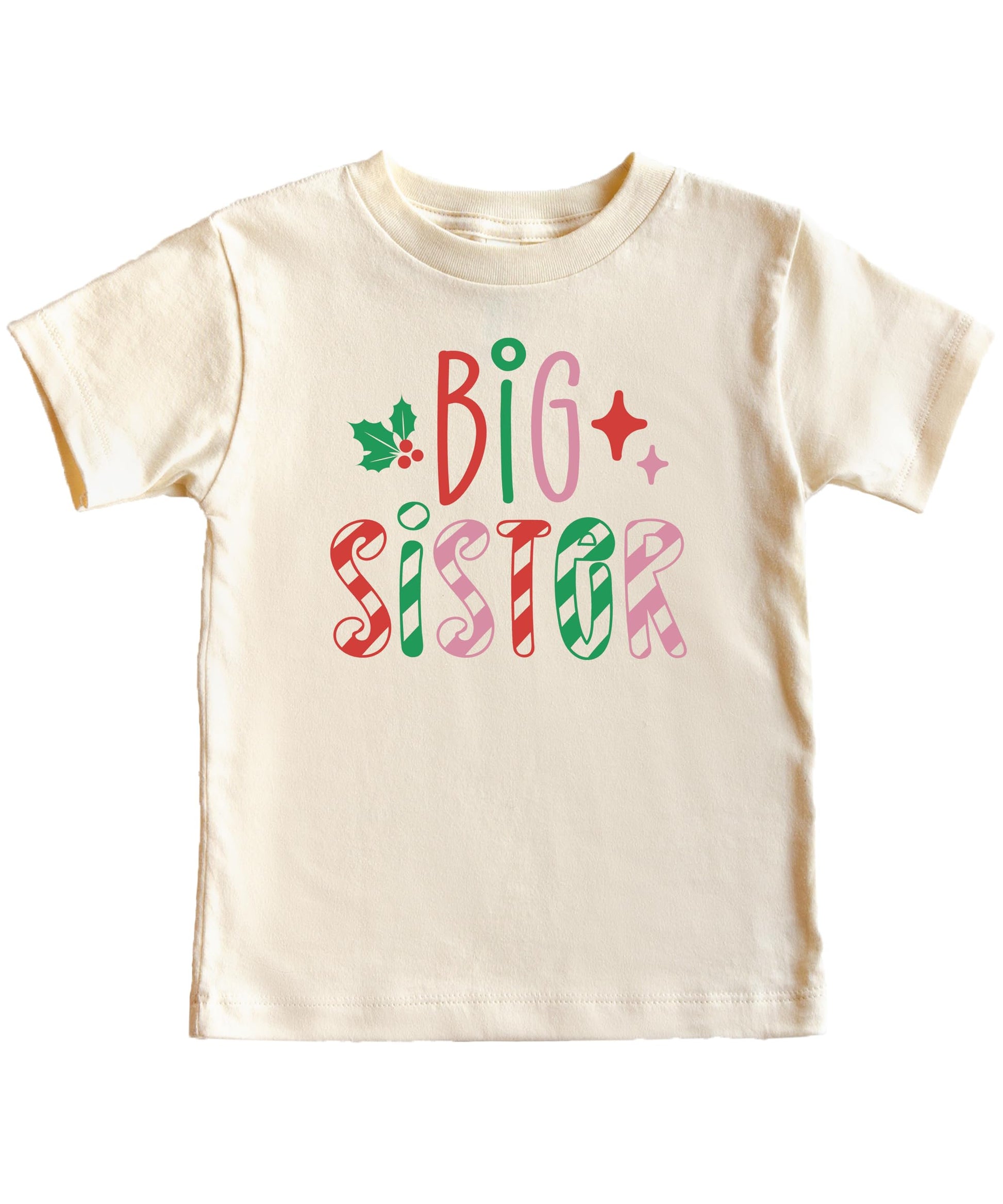 Girls wearing big sister candy cane Christmas graphic tee in natural fabric for holiday styling