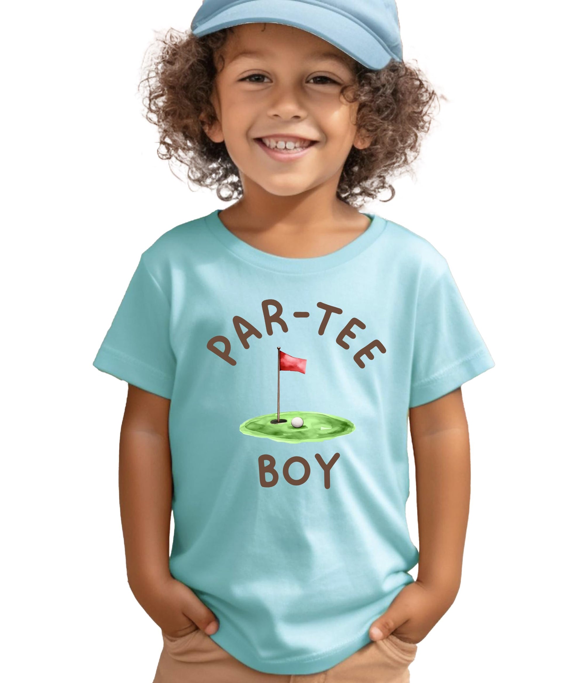 Boys golf birthday tee laid flat showing full graphic and natural fabric color