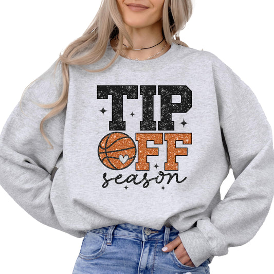 Faux Glitter Tip Off Season Sweatshirt for Women Teens and Kids Girly Basketball Tee