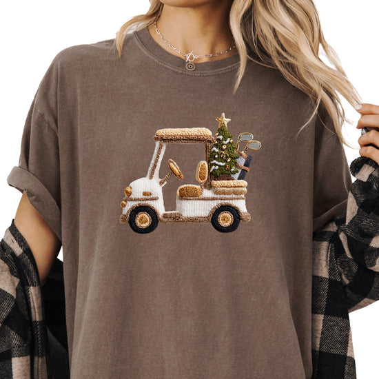 Front view of festive Christmas golf cart women's graphic t-shirt in full color