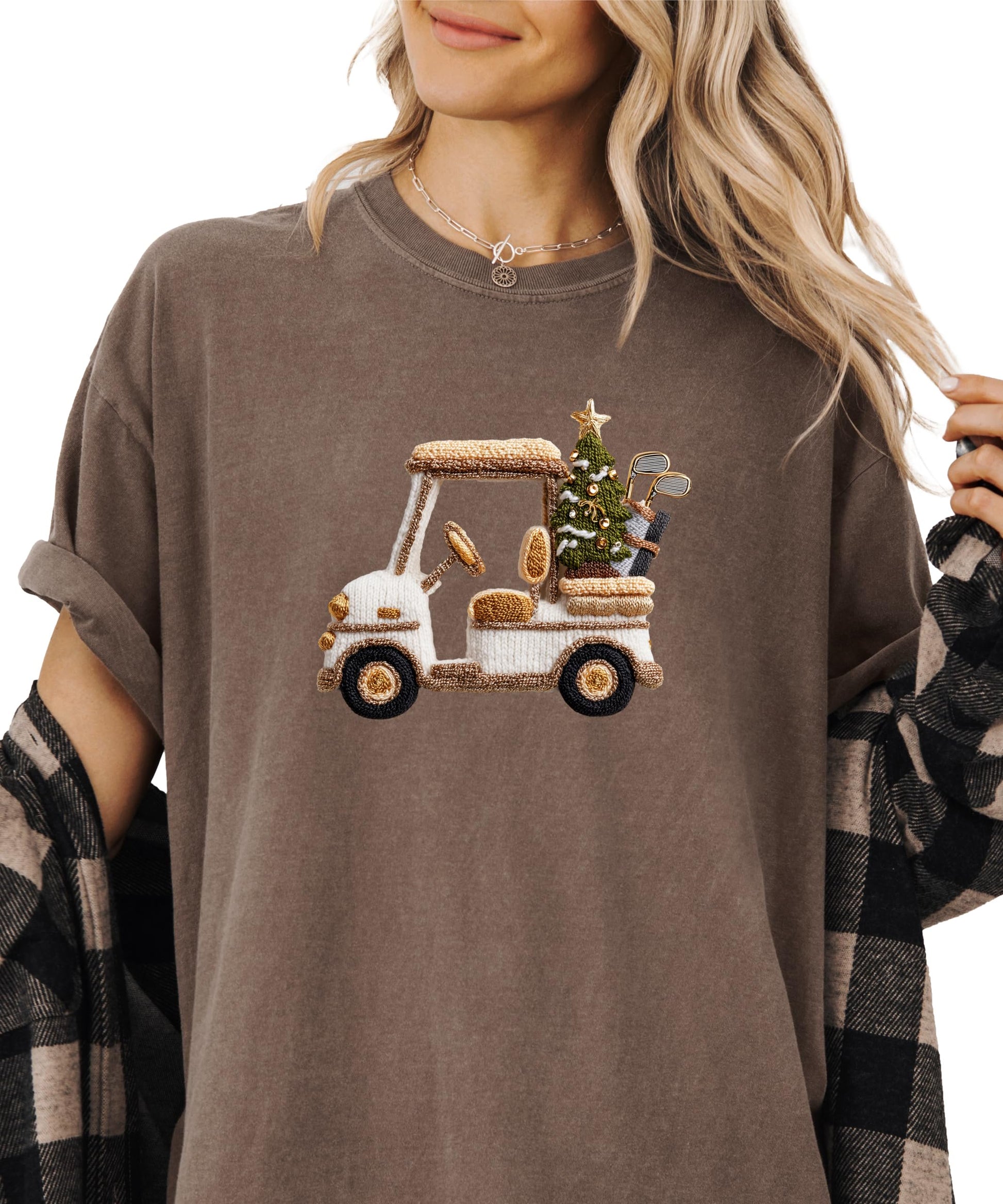 Front view of festive Christmas golf cart women's graphic t-shirt in full color