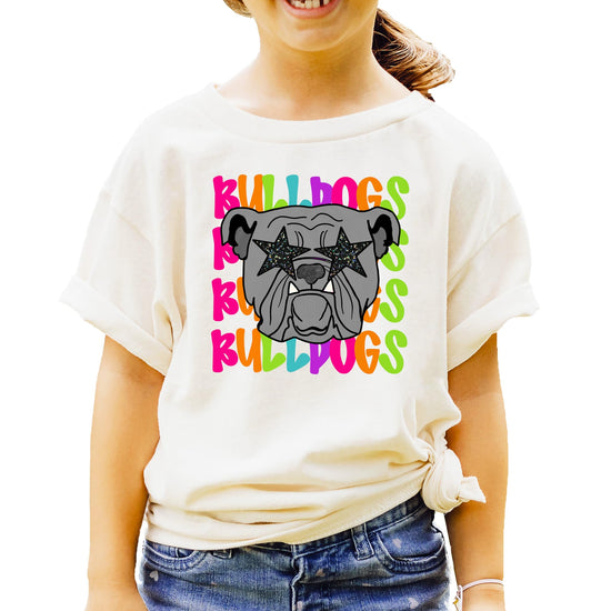 Black Bulldogs graphic tee for teens and kids with girly colorful mascot design