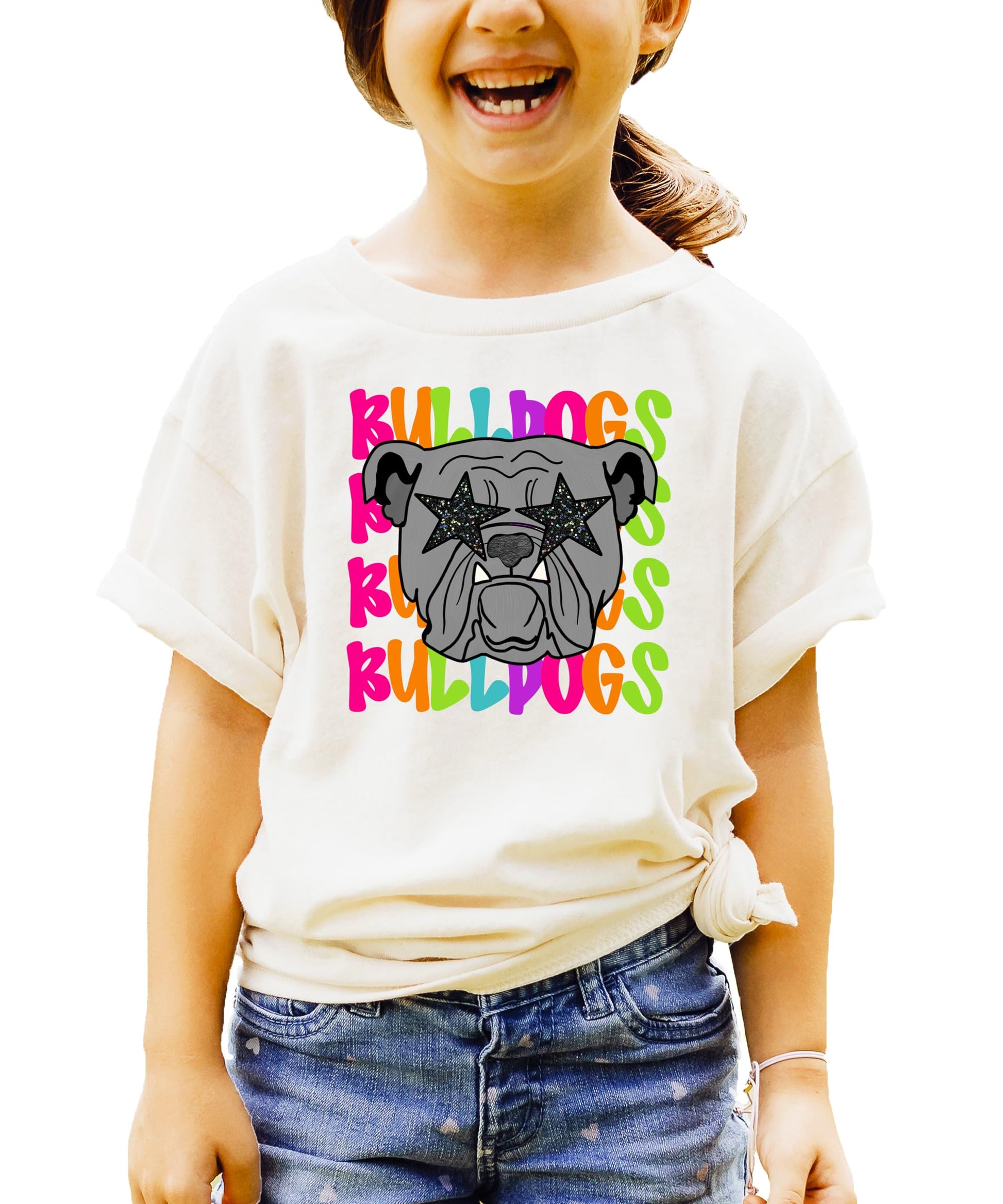 Black Bulldogs graphic tee for teens and kids with girly colorful mascot design